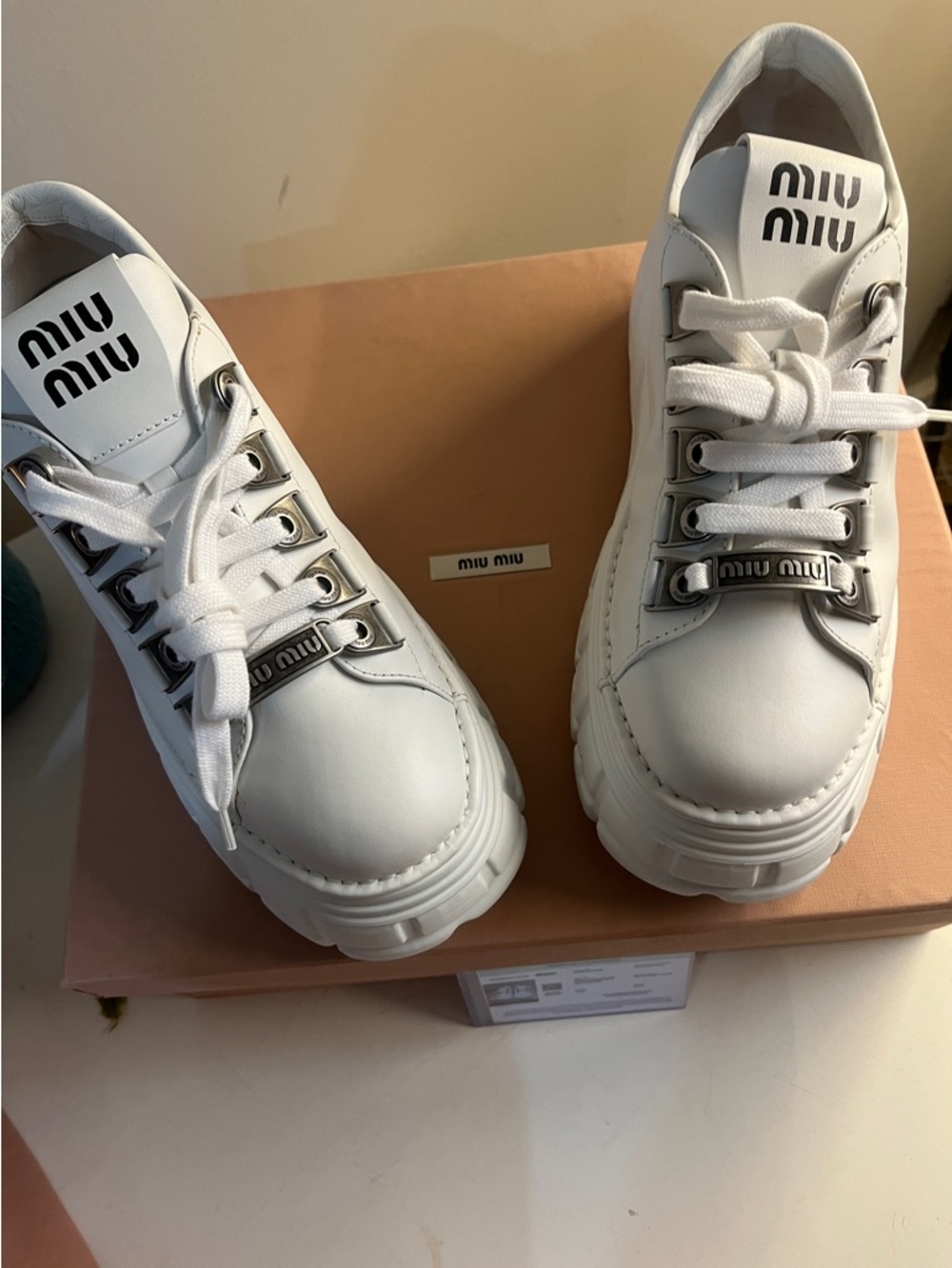 New Miu Miu 39.5 White Leather Platform Sneakers w/COA